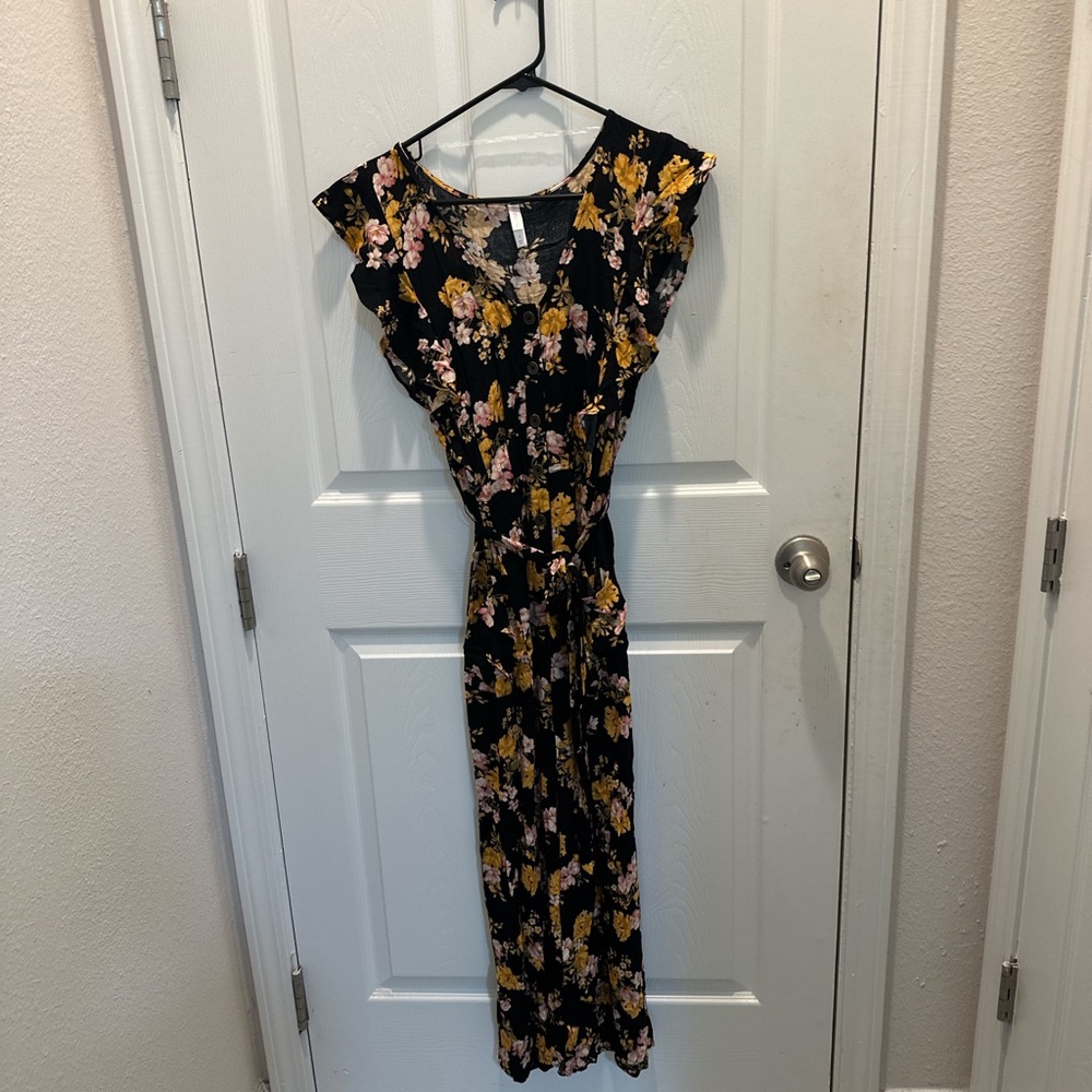 Xhiliration Black Floral Jumpsuit with Pink and Mustard Blooms
